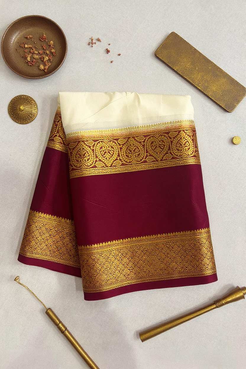 Elegant Cream Crape Saree with Maroon border.