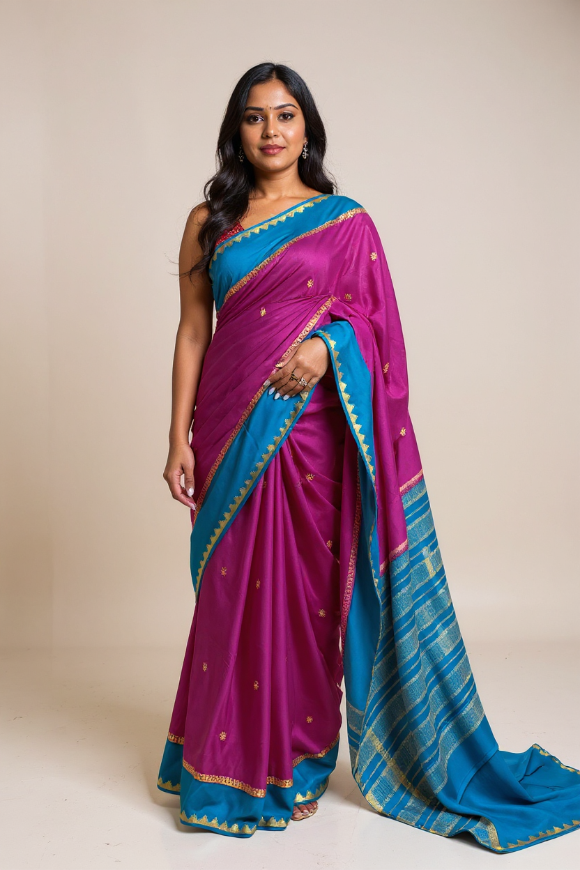 Graceful Rani pink Crape Saree with Blue border.