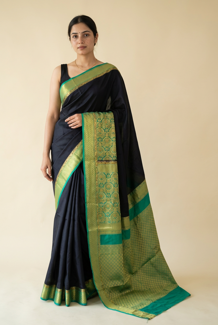 Silk Studio Navy Blue Crape Saree with Elegant Green Contrast Border