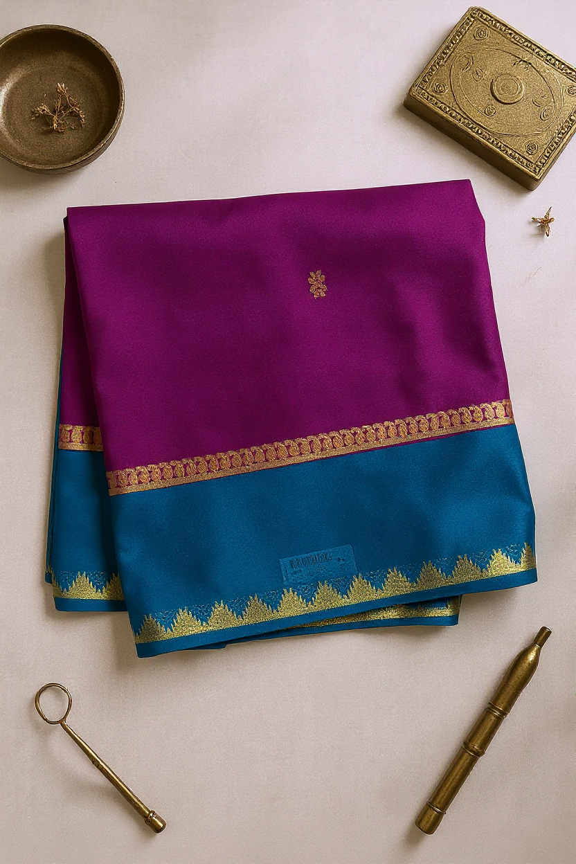 Graceful Rani pink Crape Saree with Blue border.