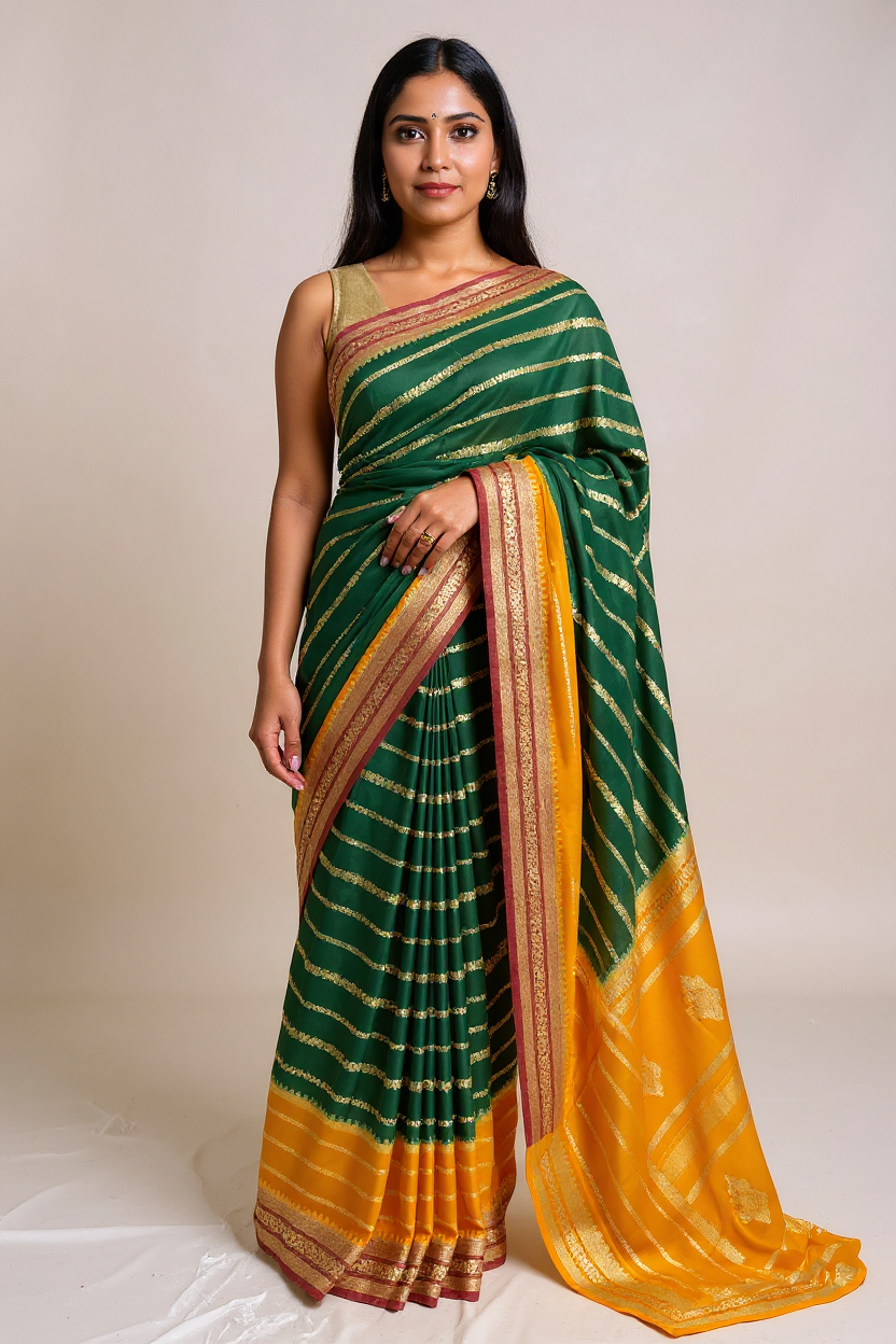 Elegant Green Crape Saree with multi color border.