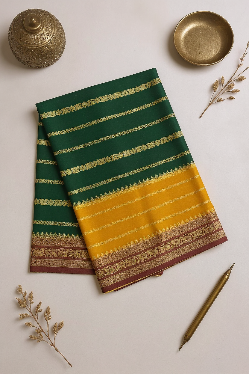 Elegant Green Crape Saree with multi color border.