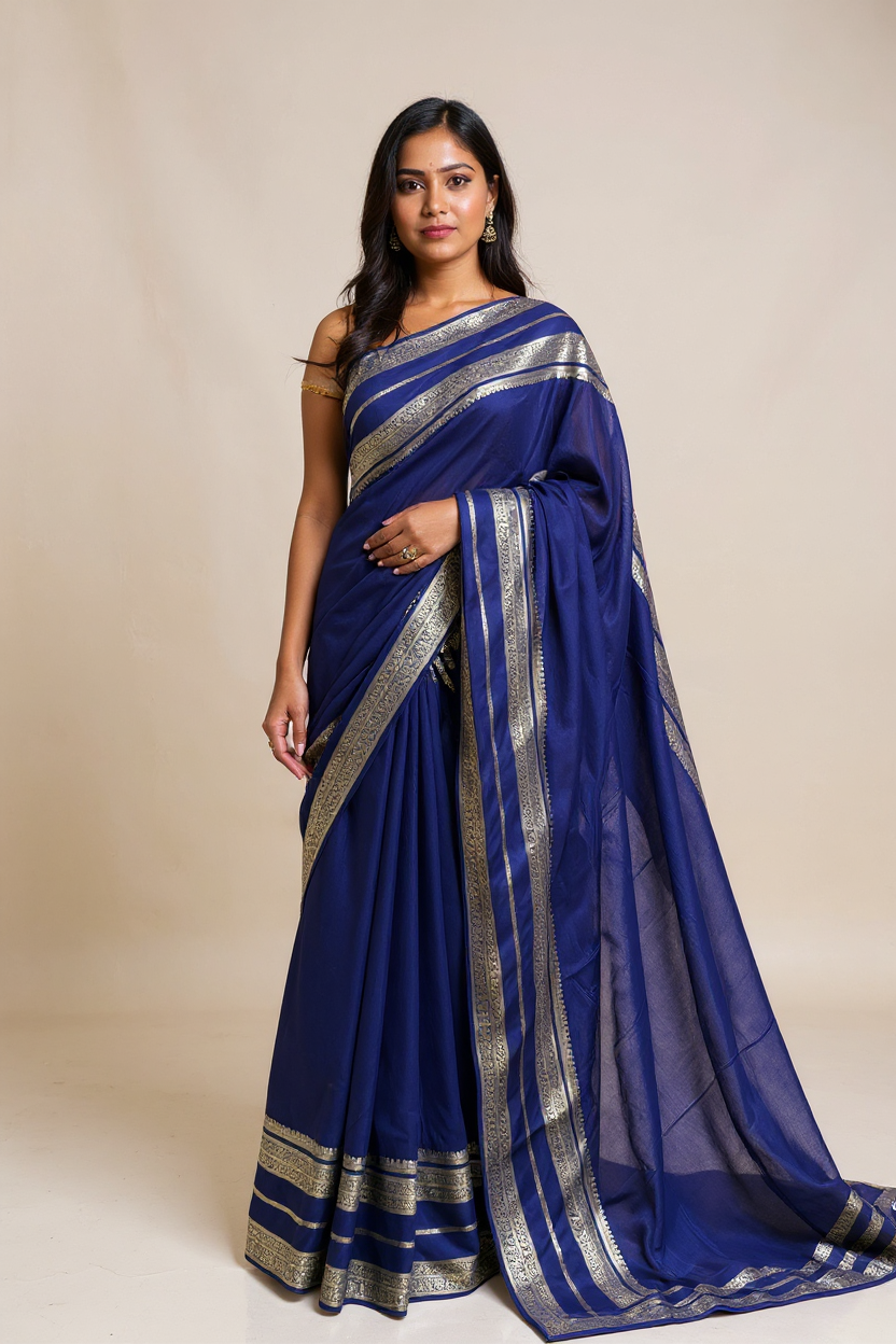 Navy Blue Premium Crape Saree with silver color border.