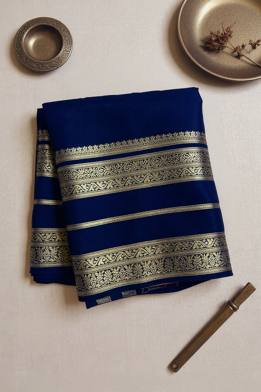 Navy Blue Premium Crape Saree with silver color border.