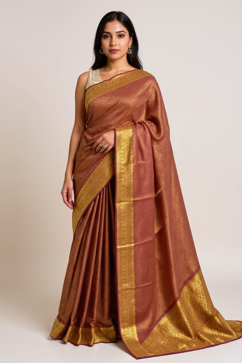 Rust Orange Crape Saree with Premium Golden Border.