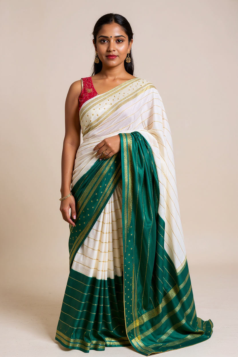 White Crape Saree with Green border