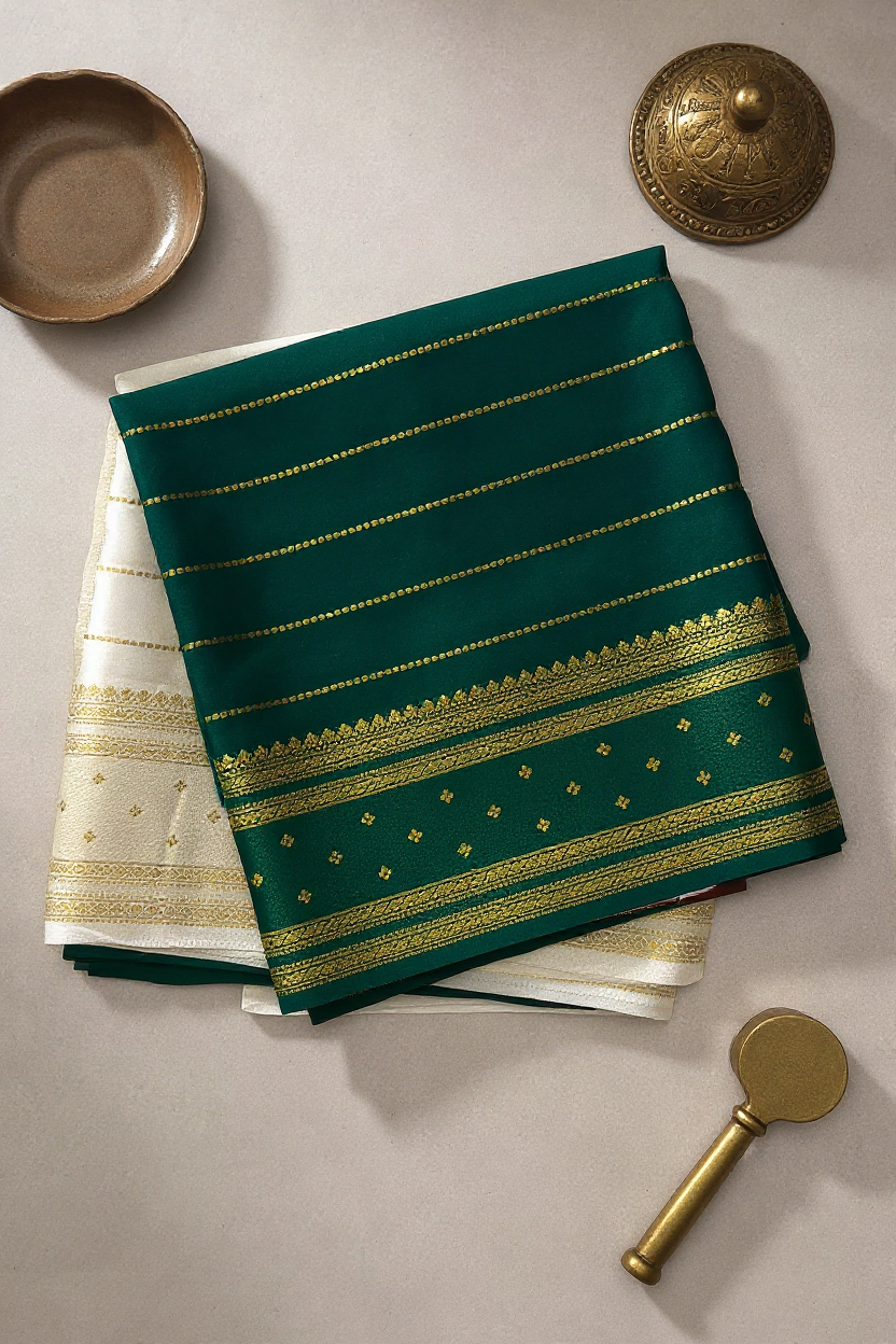 White Crape Saree with Green border