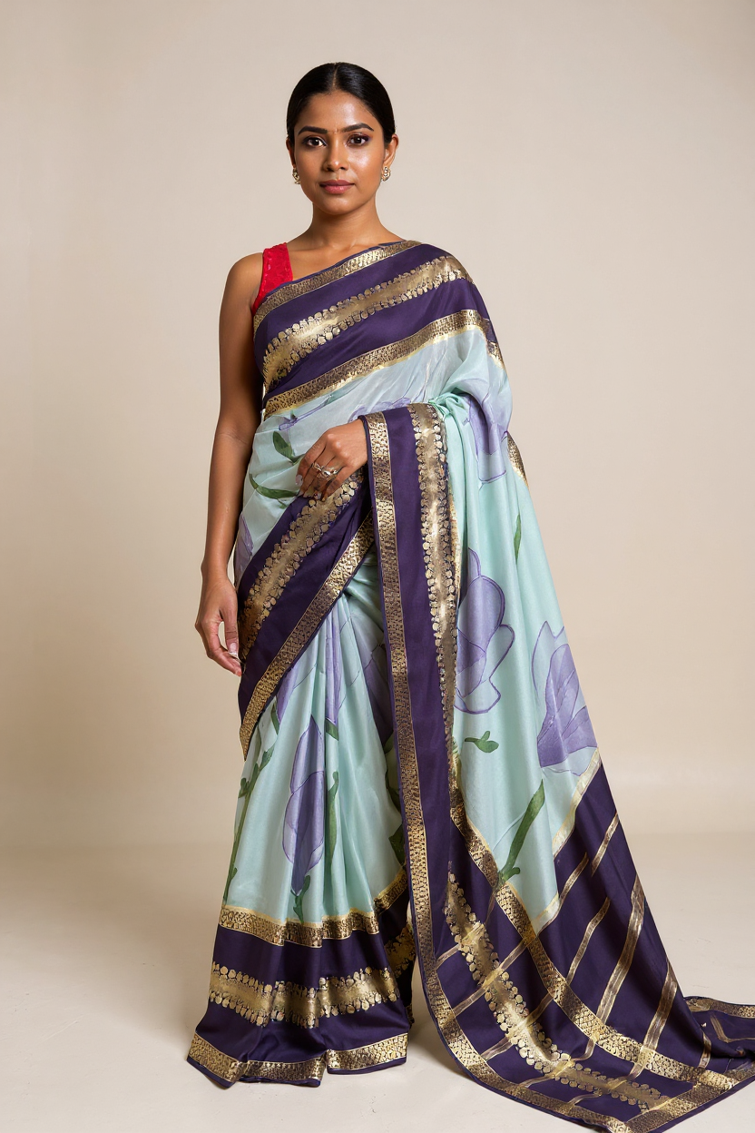 Sky-Blue Crape Saree with Navy blue Border.