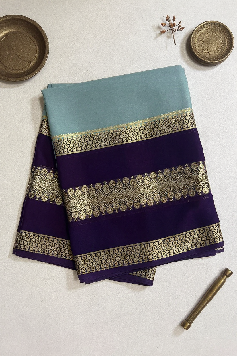 Sky-Blue Crape Saree with Navy blue Border.