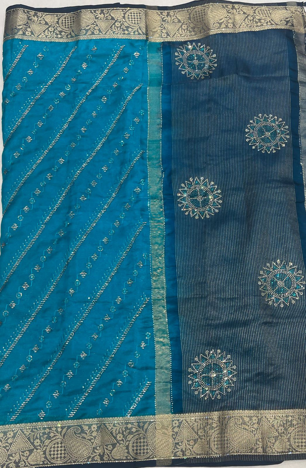 Blue Crape Saree with Dark blue border
