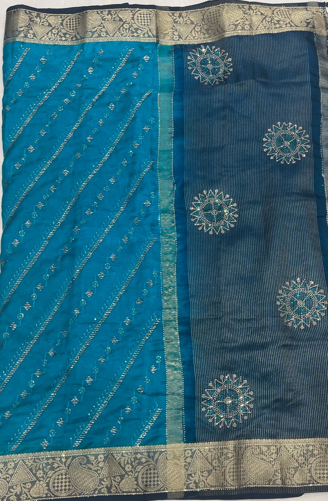Blue Crape Saree with Dark blue border