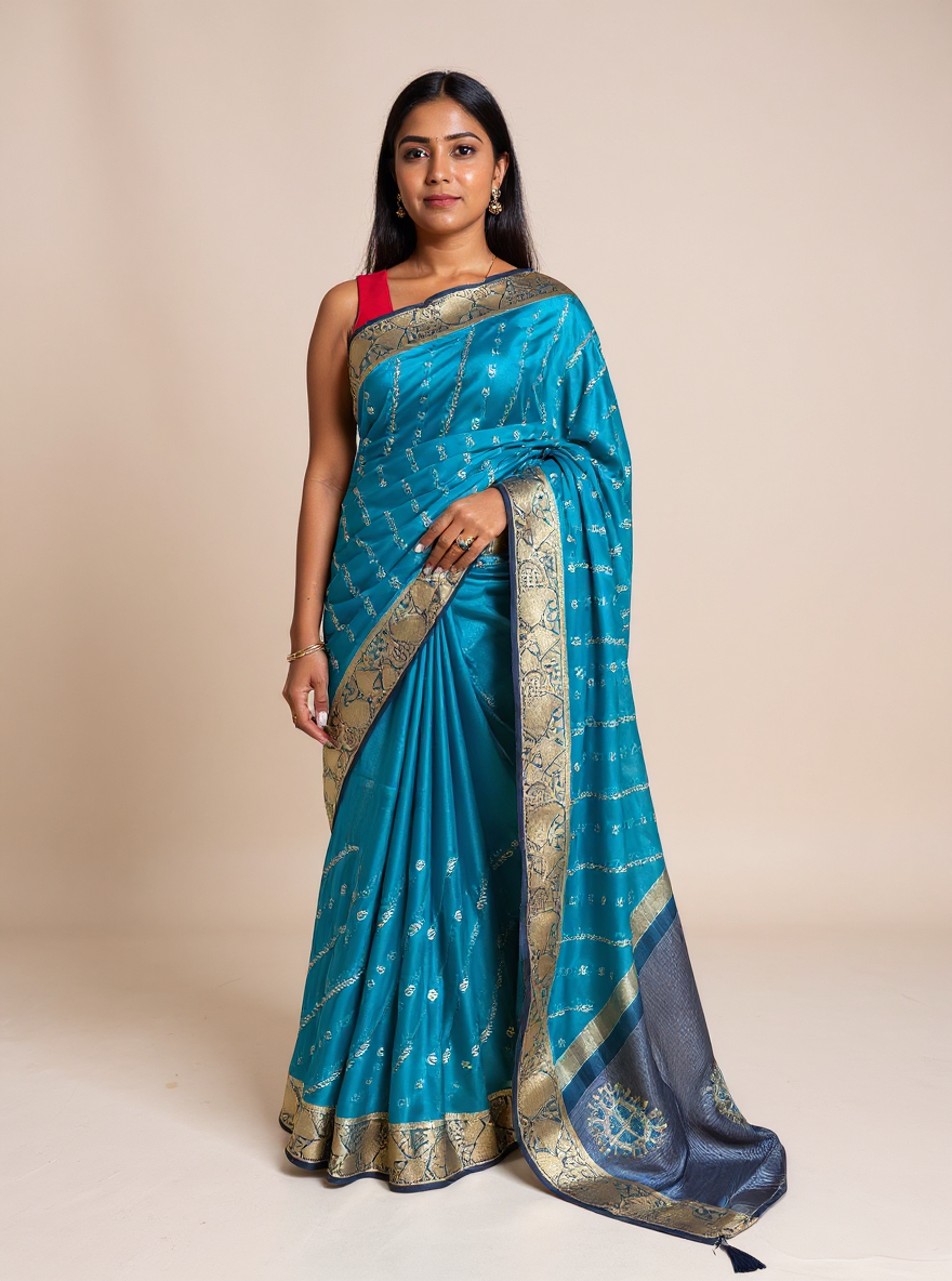 Blue Crape Saree with Dark blue border