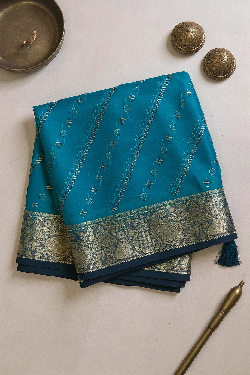 Blue Crape Saree with Dark blue border