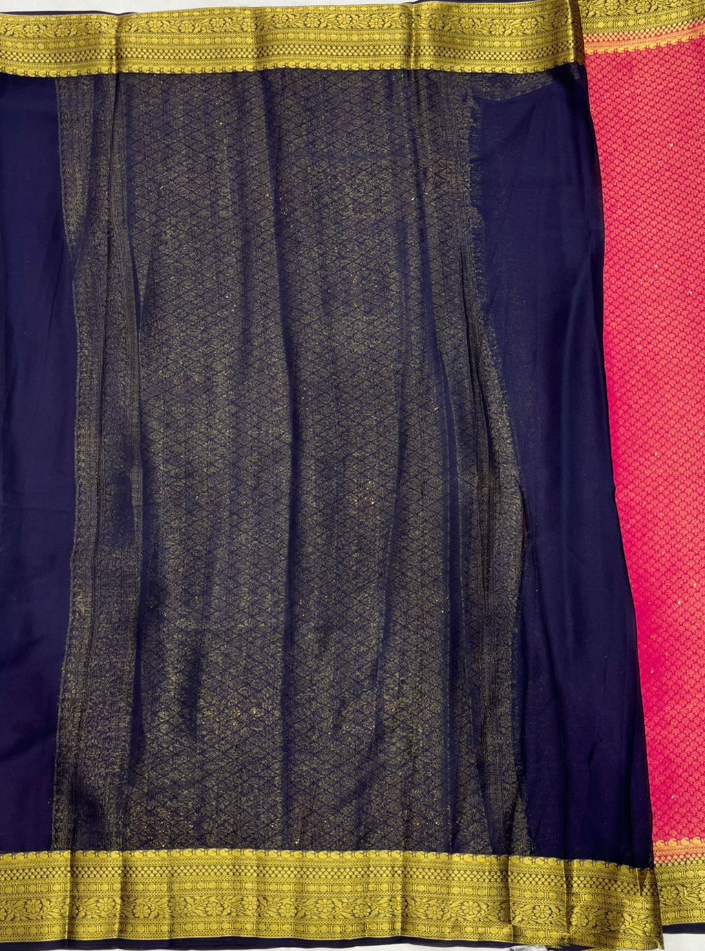 Pink Crape Saree with Navy Blue and Golden border