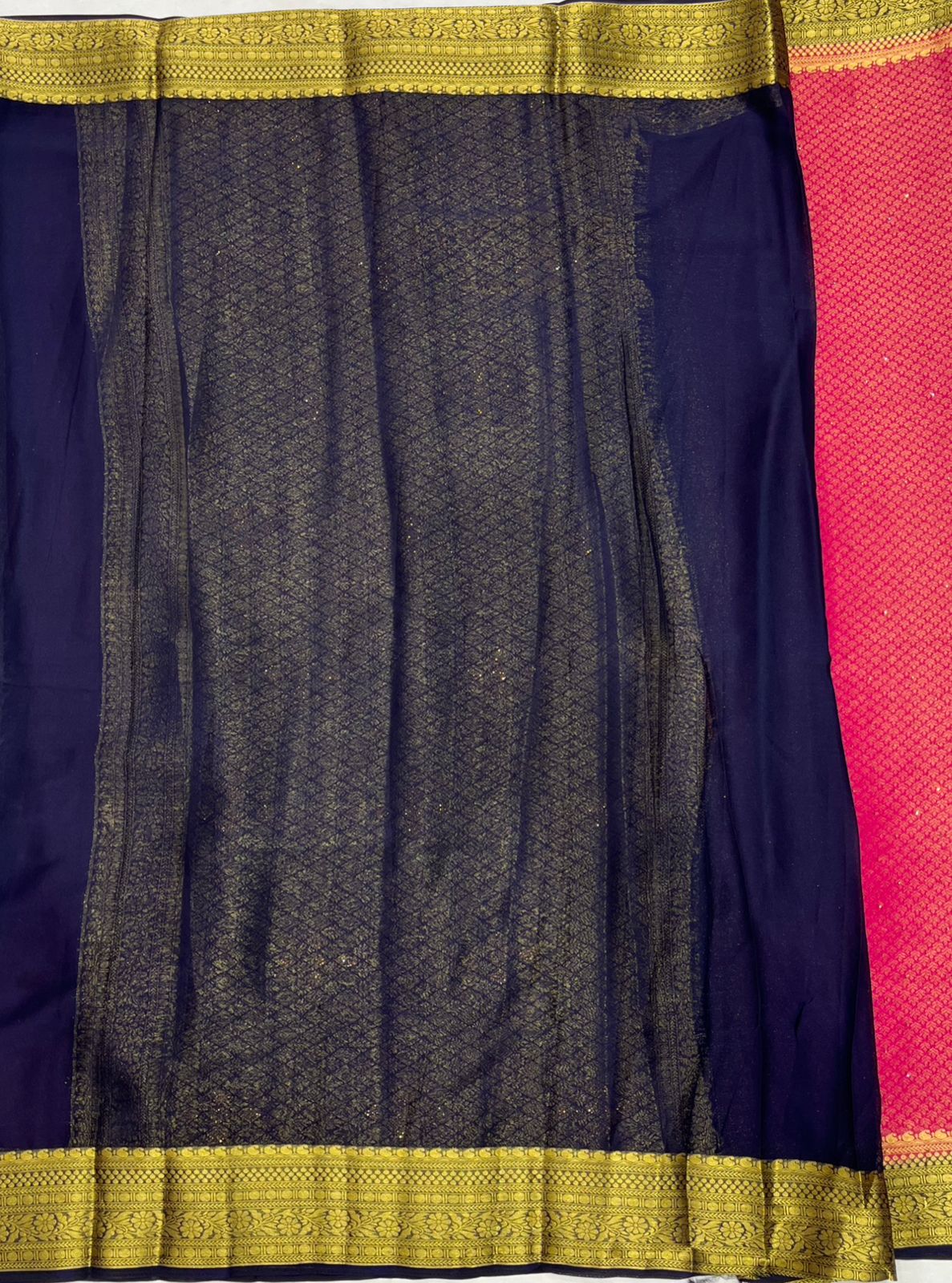 Pink Crape Saree with Navy Blue and Golden border