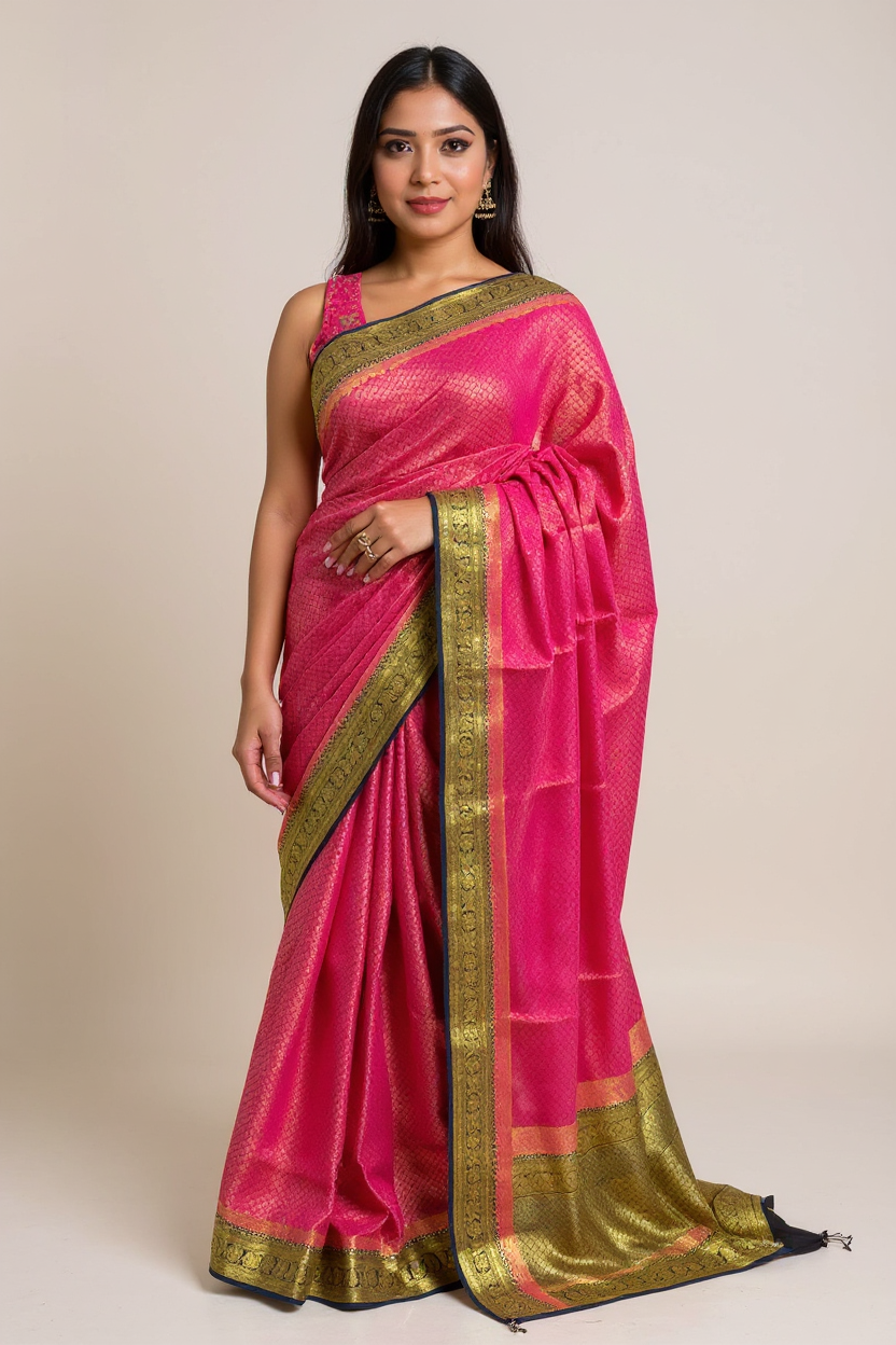 Pink Crape Saree with Navy Blue and Golden border