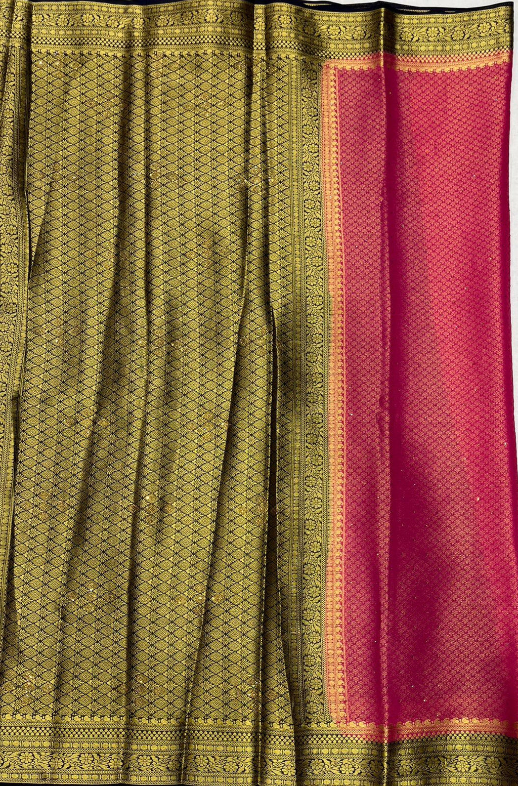 Pink Crape Saree with Navy Blue and Golden border