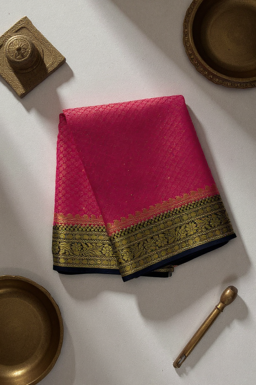 Pink Crape Saree with Navy Blue and Golden border