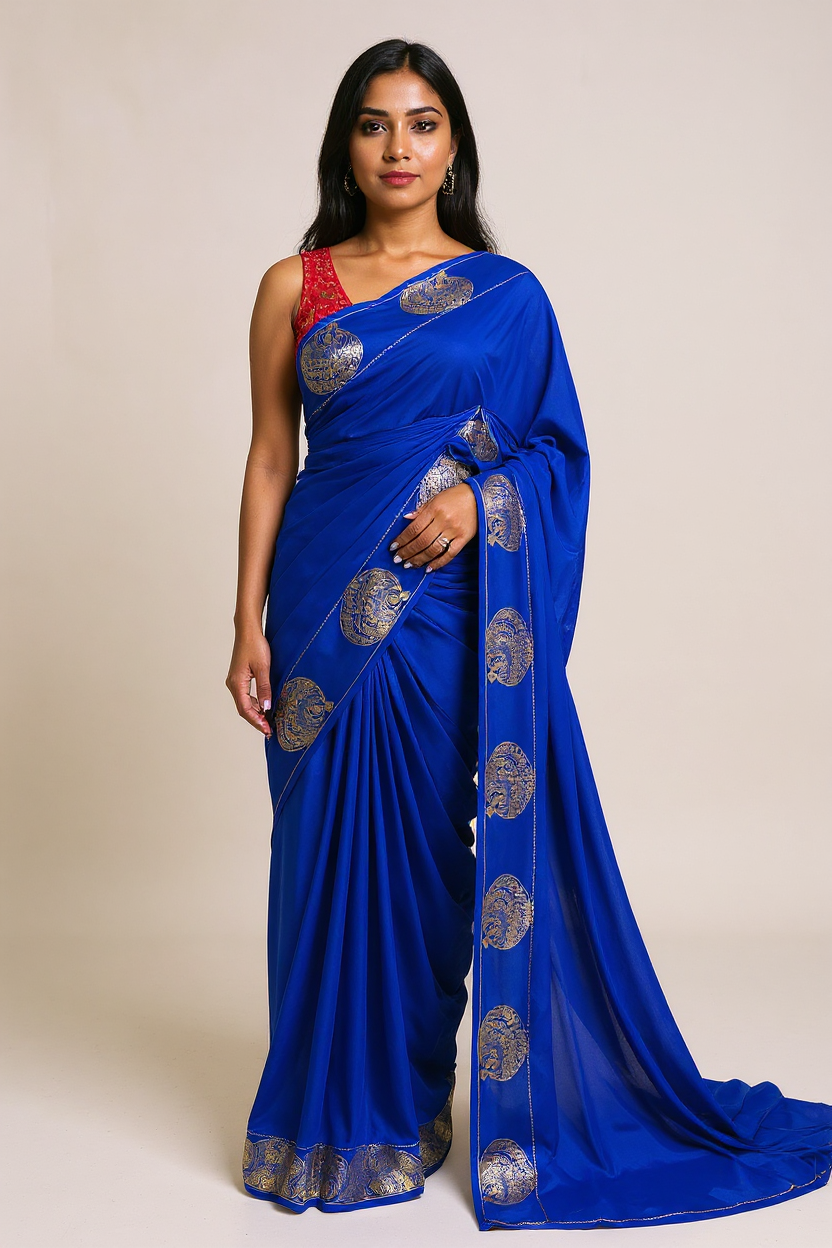 Royal Blue Fancy Crepe Saree with Antique Gold Motifs