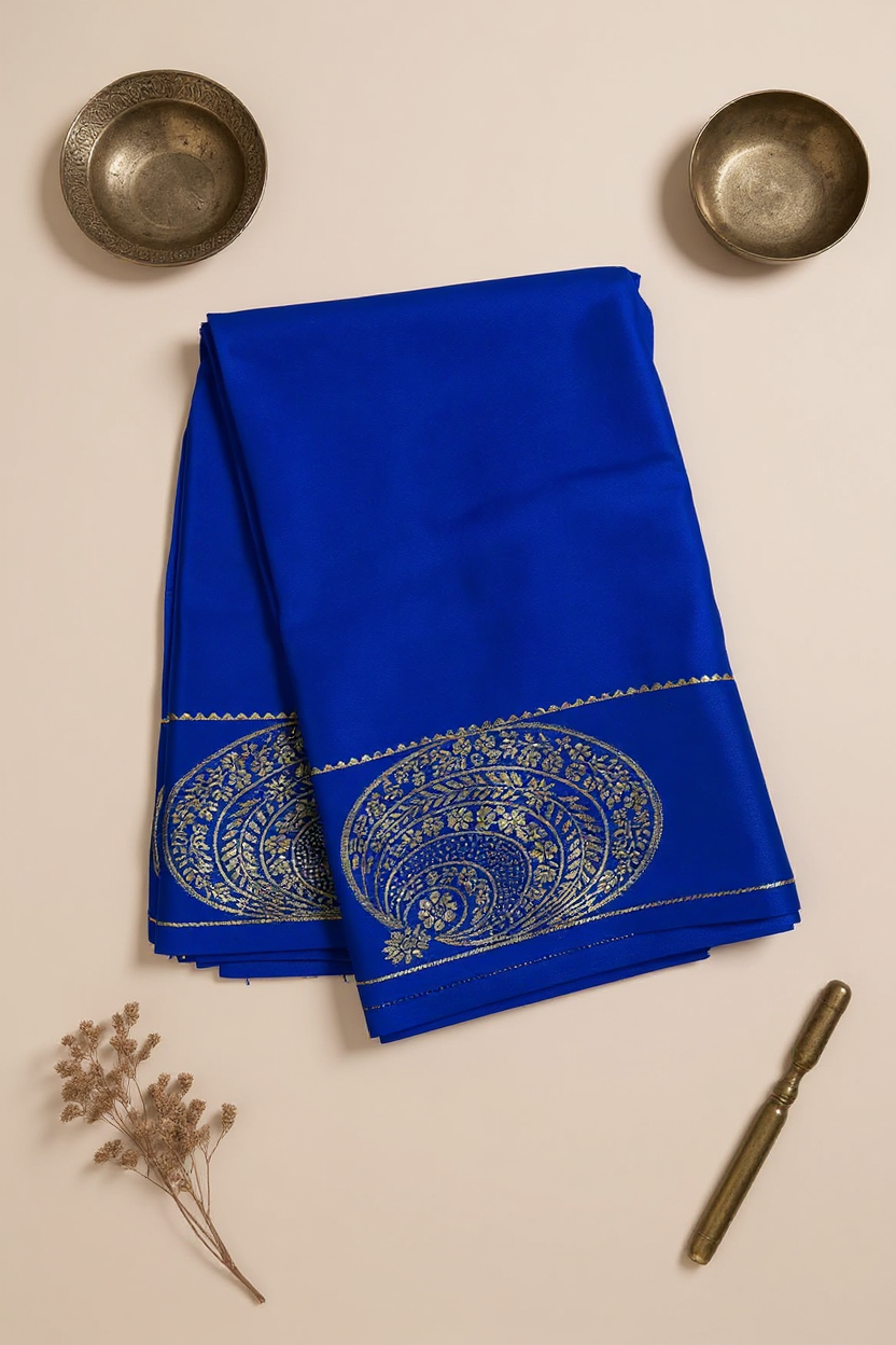 Royal Blue Fancy Crepe Saree with Antique Gold Motifs