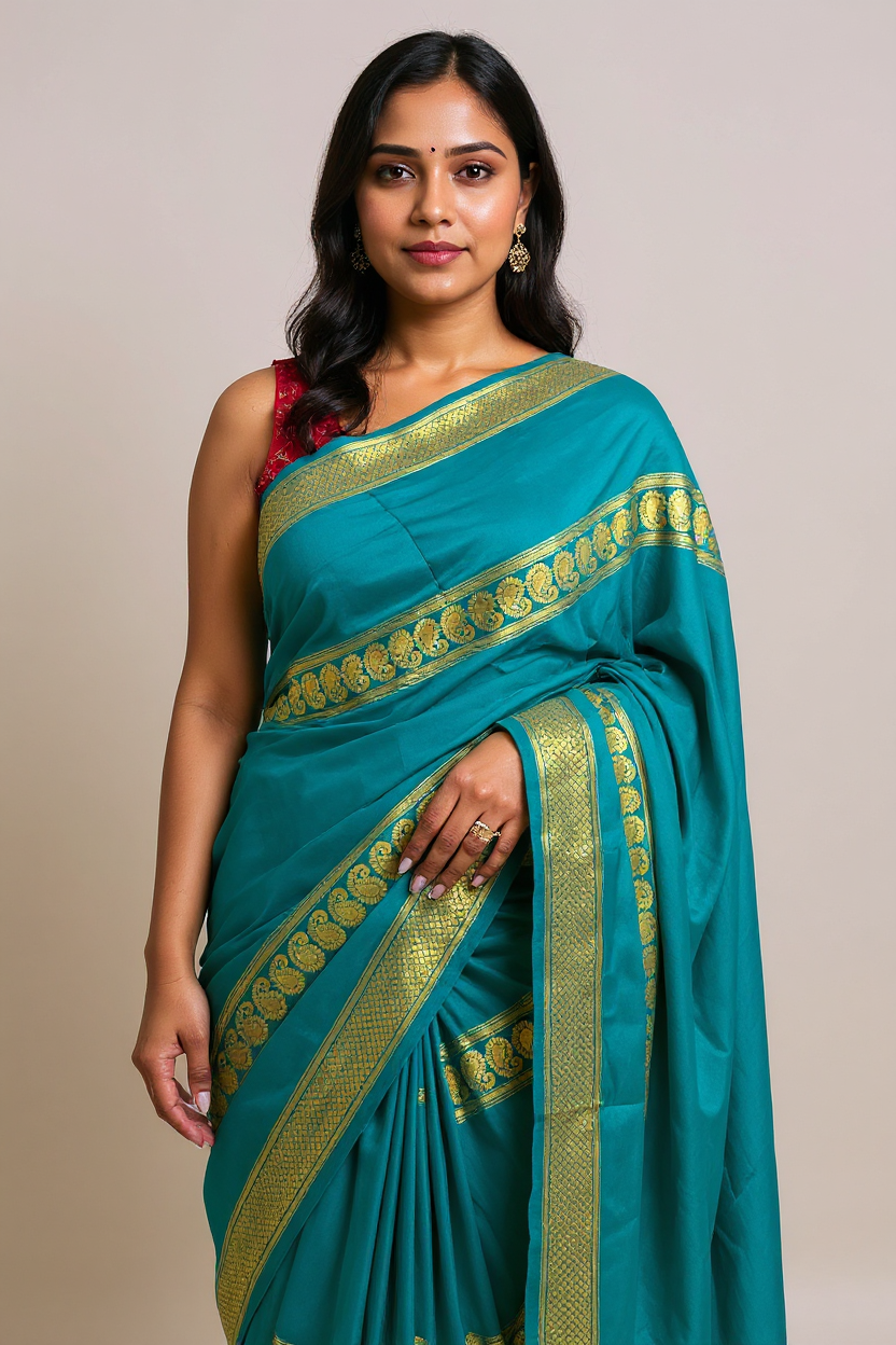 Teal Green Fancy Crepe Saree with Antique Gold Border
