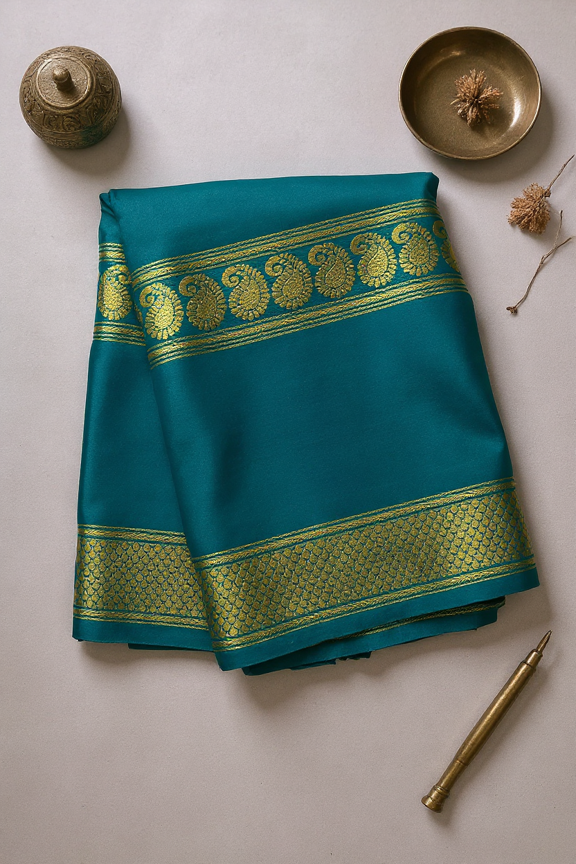 Teal Green Fancy Crepe Saree with Antique Gold Border