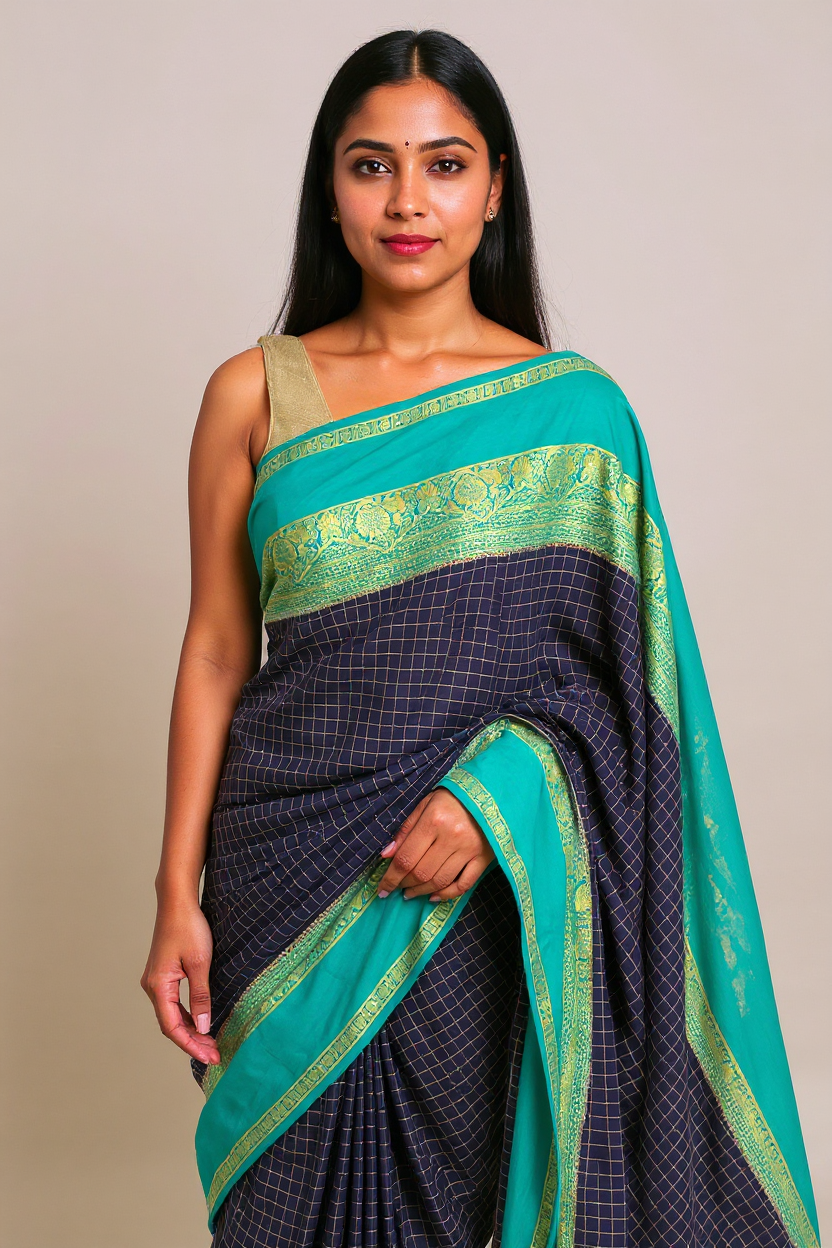 Navy Blue & Teal Green Fancy Crepe Saree