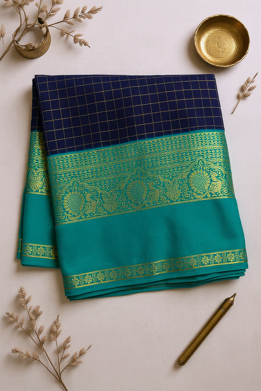 Navy Blue & Teal Green Fancy Crepe Saree