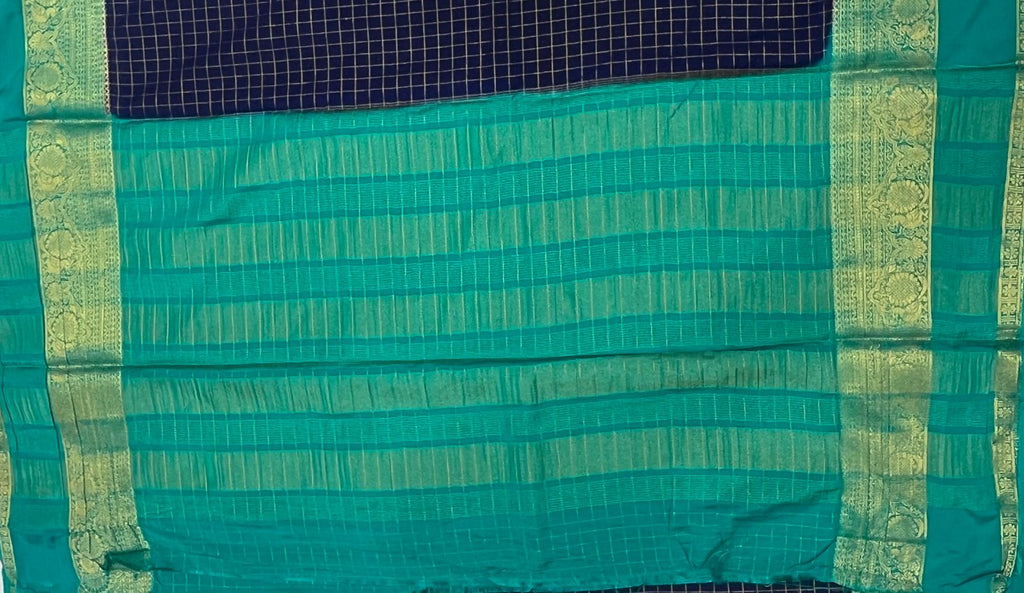 Navy Blue & Teal Green Fancy Crepe Saree