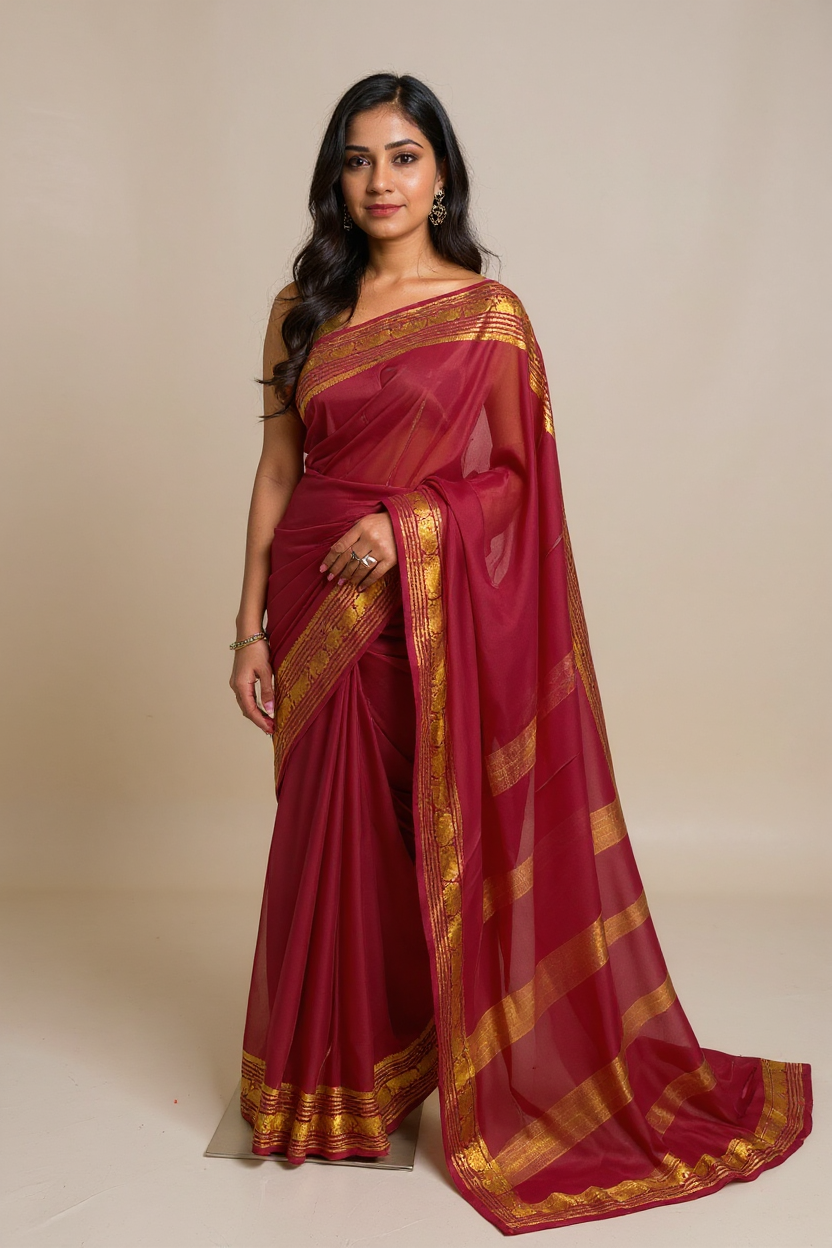 Wine Red Fancy Crepe Saree with Antique Gold Border