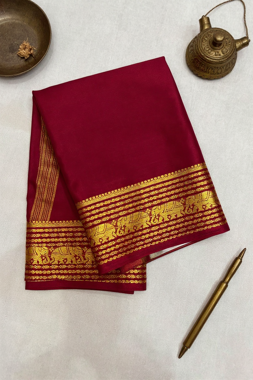 Wine Red Fancy Crepe Saree with Antique Gold Border