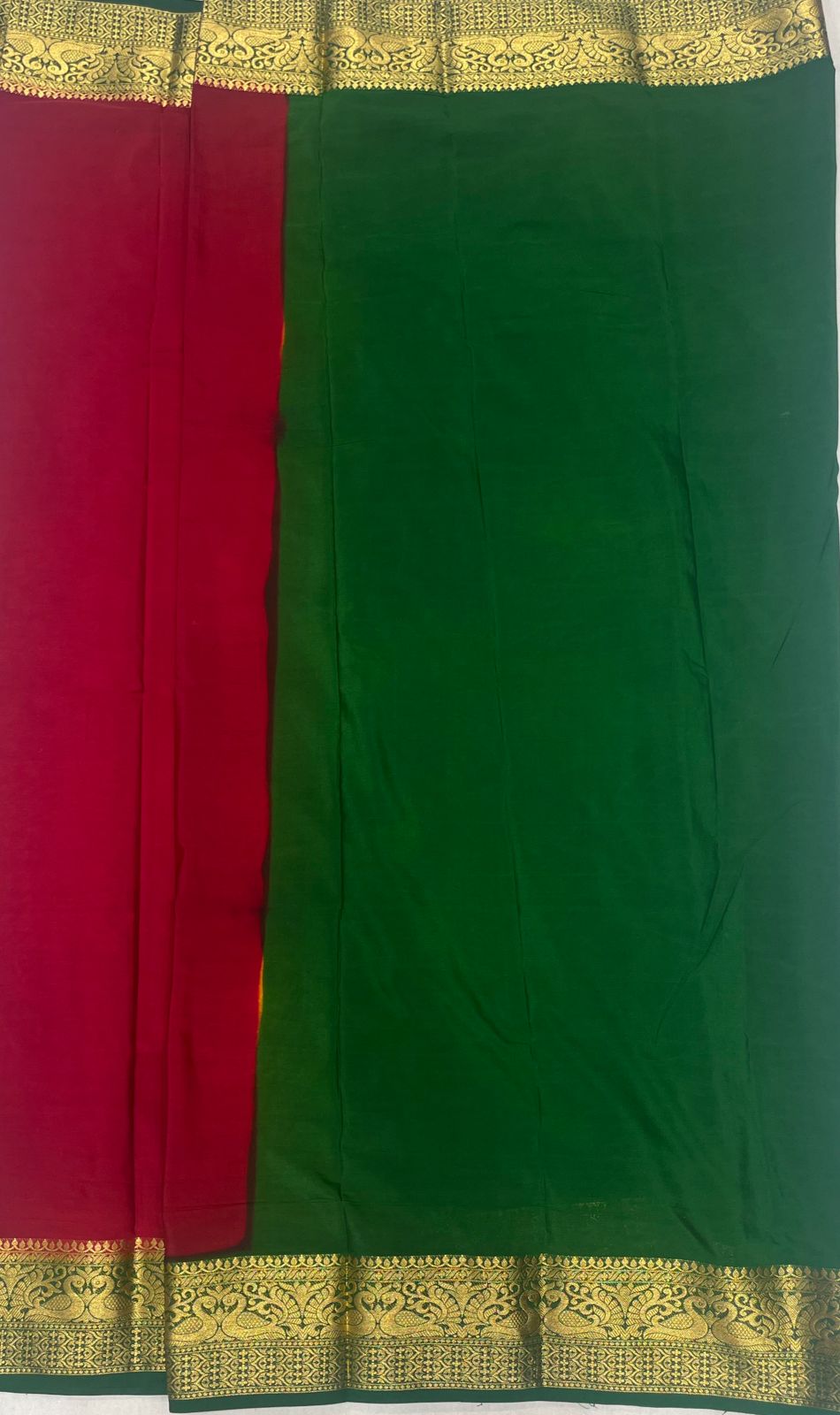 Deep Maroon Fancy Crepe Saree with Green & Gold Border