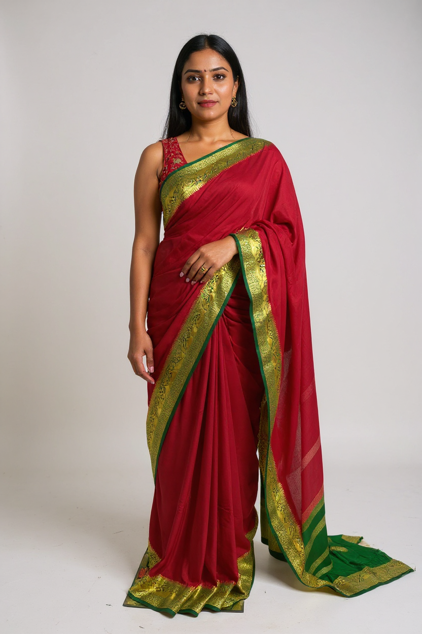 Deep Maroon Fancy Crepe Saree with Green & Gold Border
