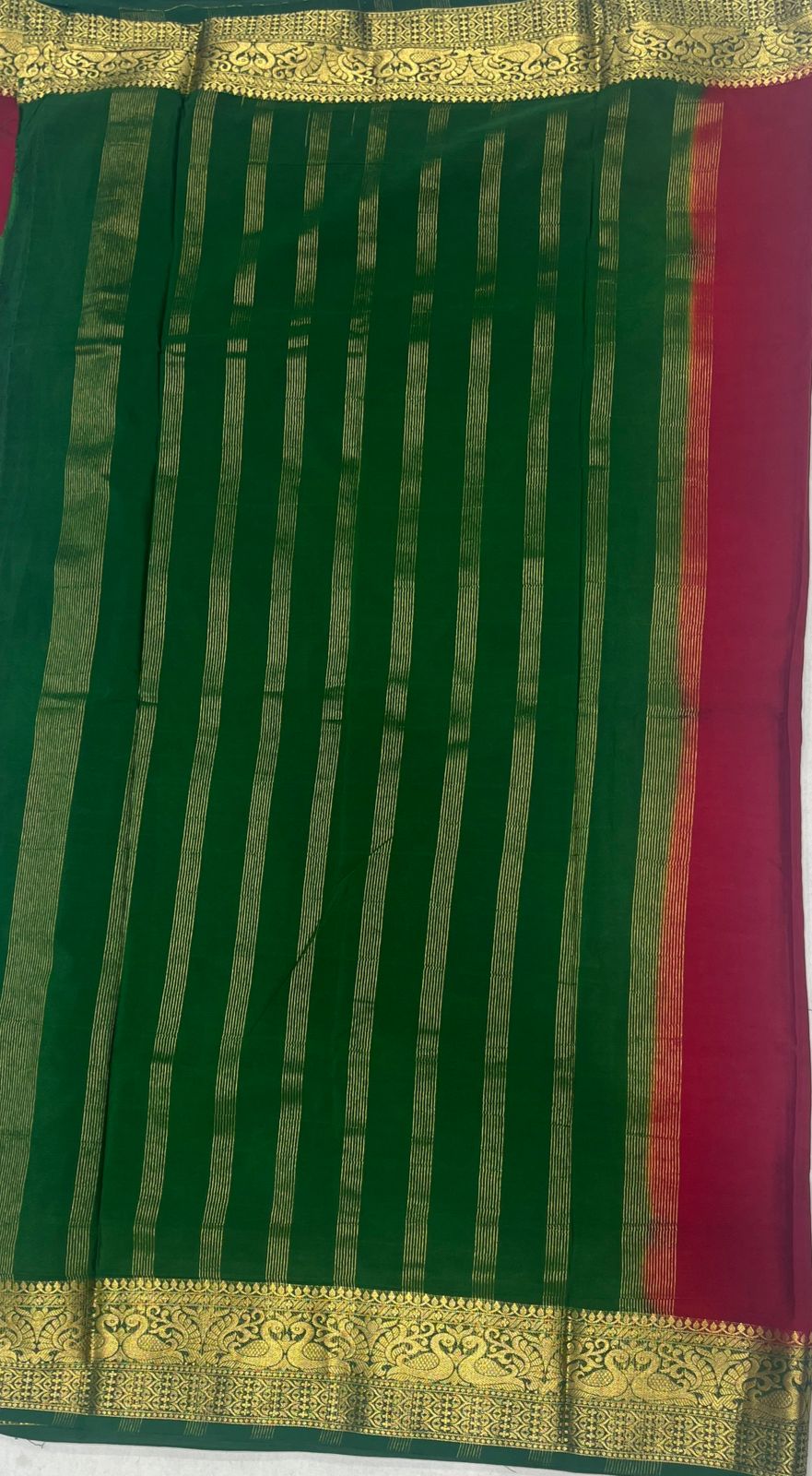 Deep Maroon Fancy Crepe Saree with Green & Gold Border