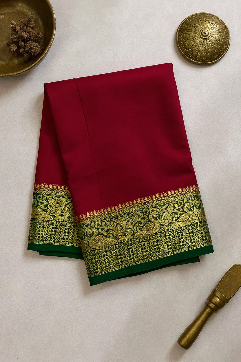 Deep Maroon Fancy Crepe Saree with Green & Gold Border