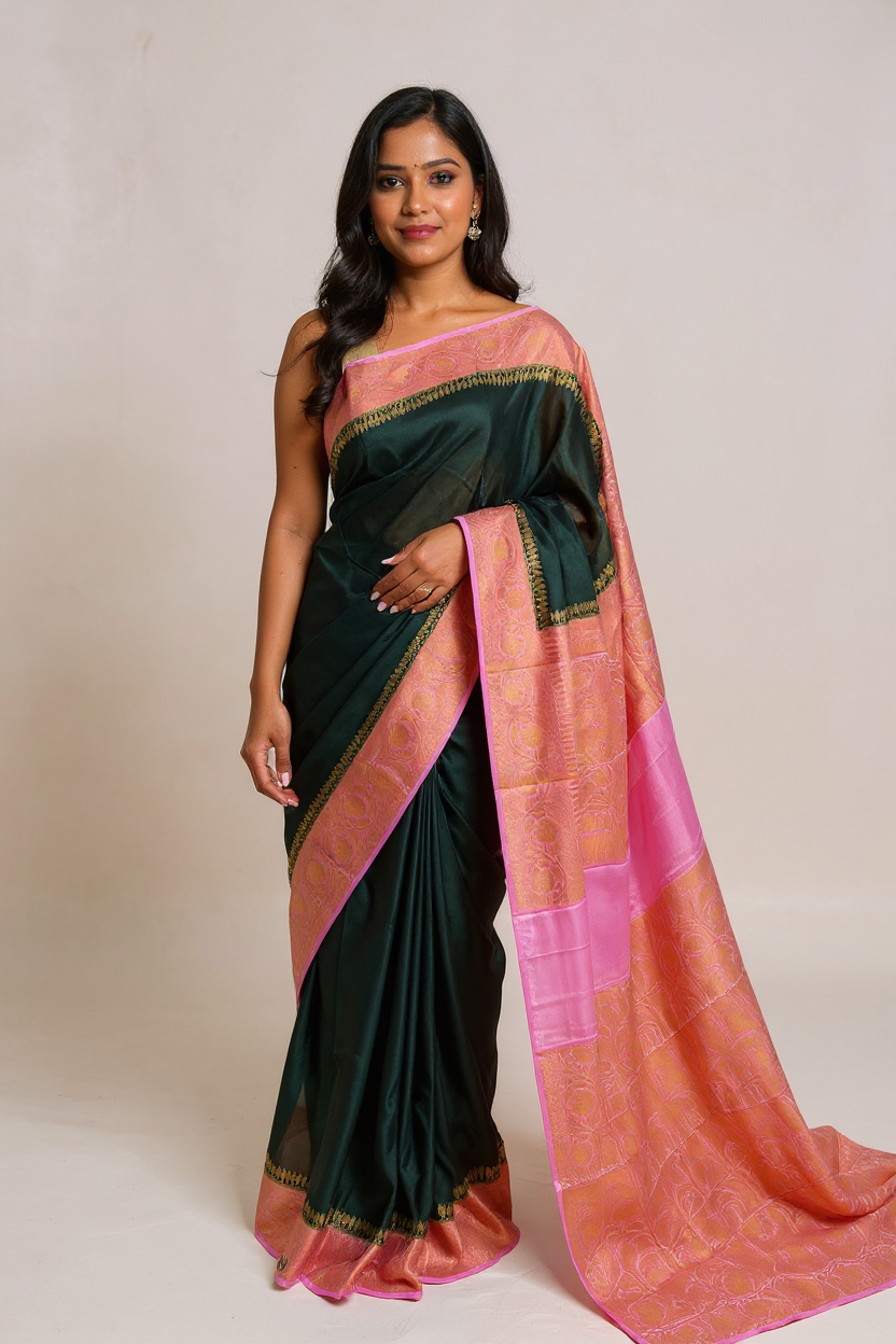 Bottle Green & Peach Pink Elegant CRAPE Saree