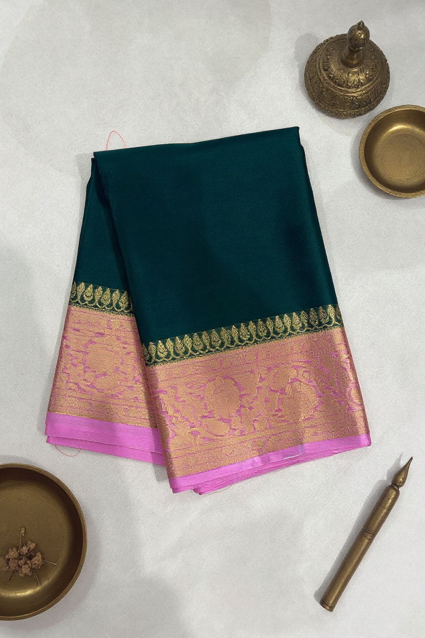 Bottle Green & Peach Pink Elegant CRAPE Saree