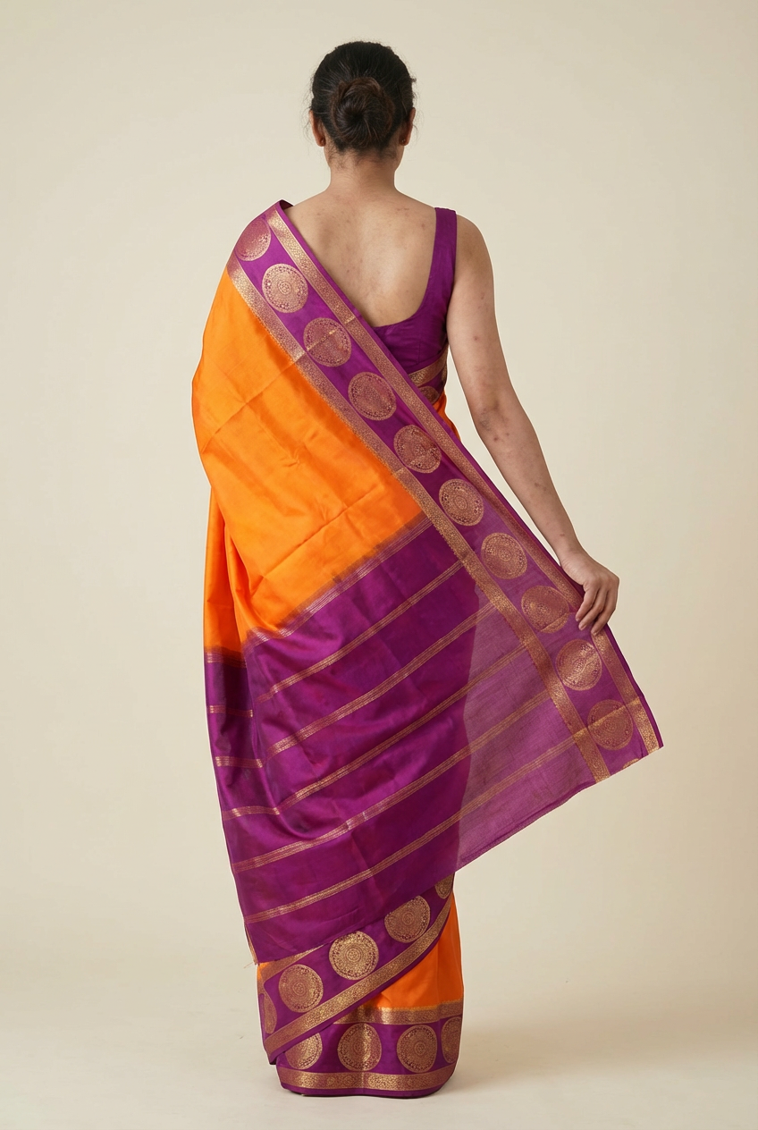 Elegant Orange Crape Saree with Purple Border by Silk Studio
