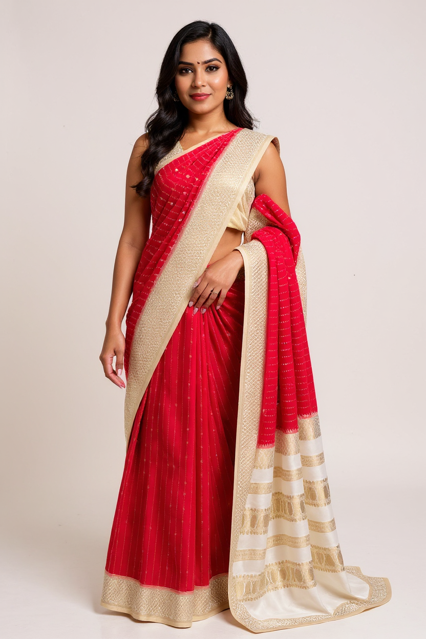 Red & Cream Premium Crape Saree