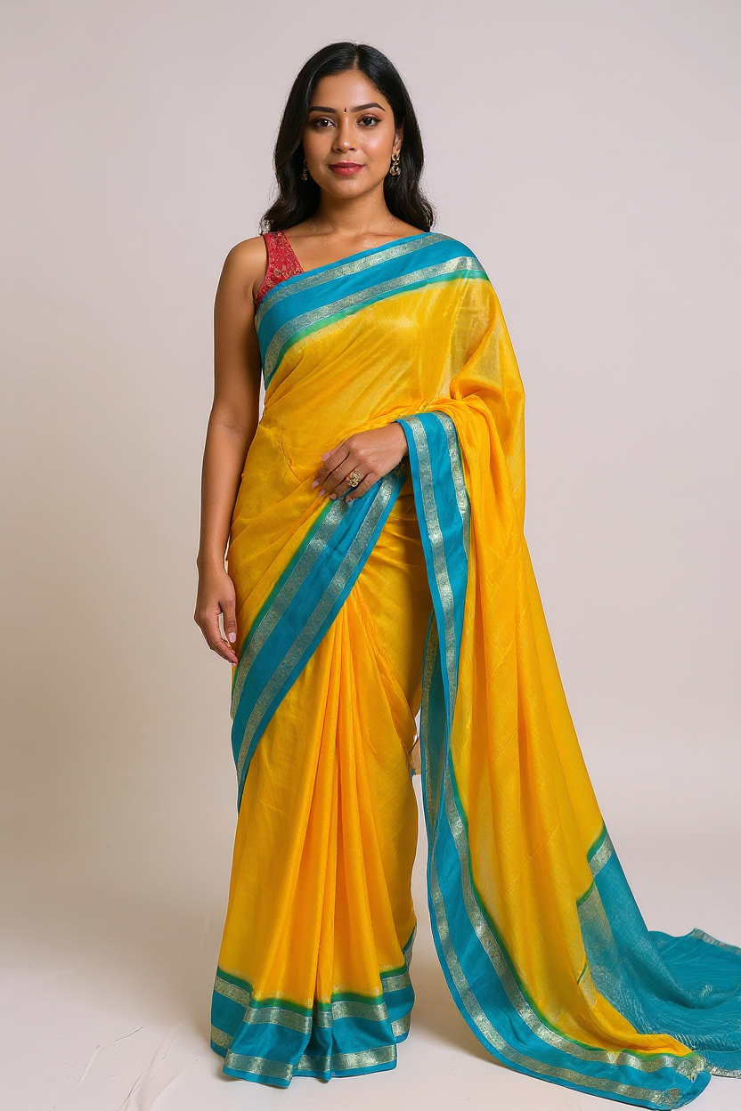 Sunshine Yellow & Teal Blue Graceful CRAPE Saree