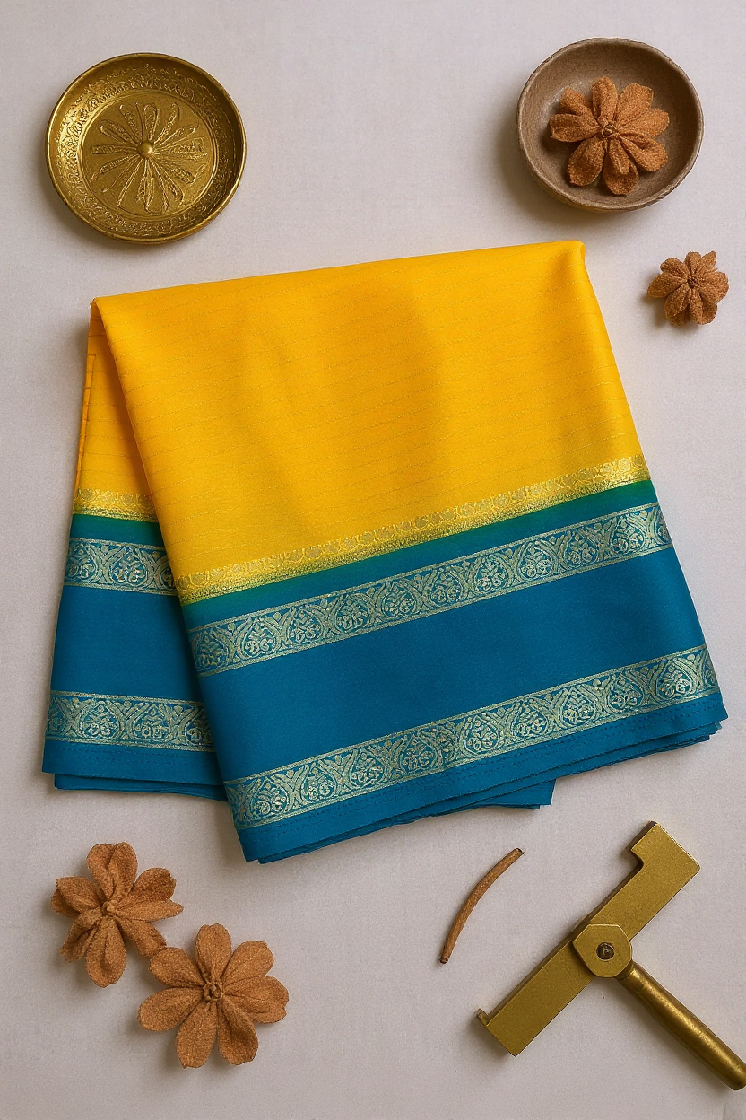 Sunshine Yellow & Teal Blue Graceful CRAPE Saree
