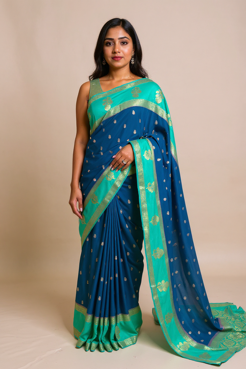 Royal Blue & Sea Green Elegant CRAPE Saree