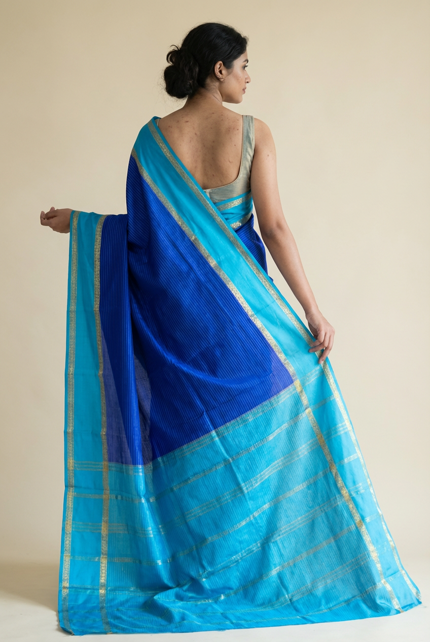Elegant Royal Blue Crape Saree with Sky Blue Border by Silk Studio