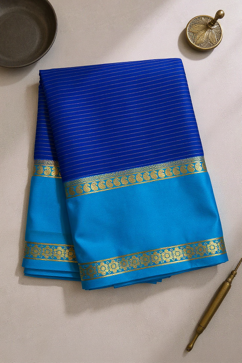 Elegant Royal Blue Crape Saree with Sky Blue Border by Silk Studio