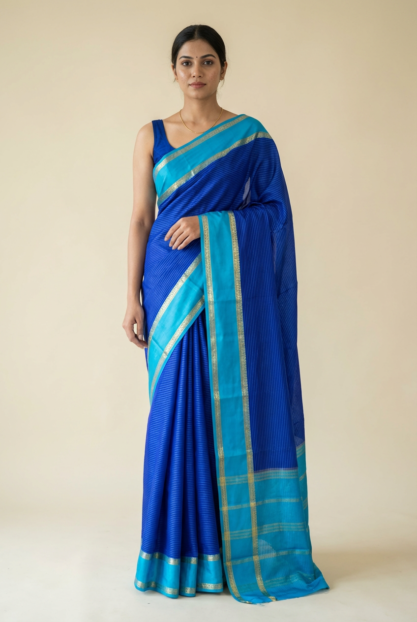 Elegant Royal Blue Crape Saree with Sky Blue Border by Silk Studio