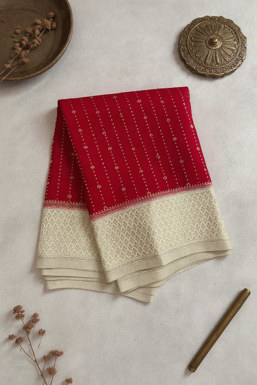 Red & Cream Premium Crape Saree