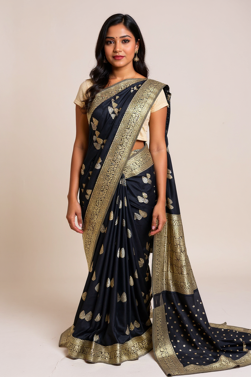 Black Crape Saree with Golden Work