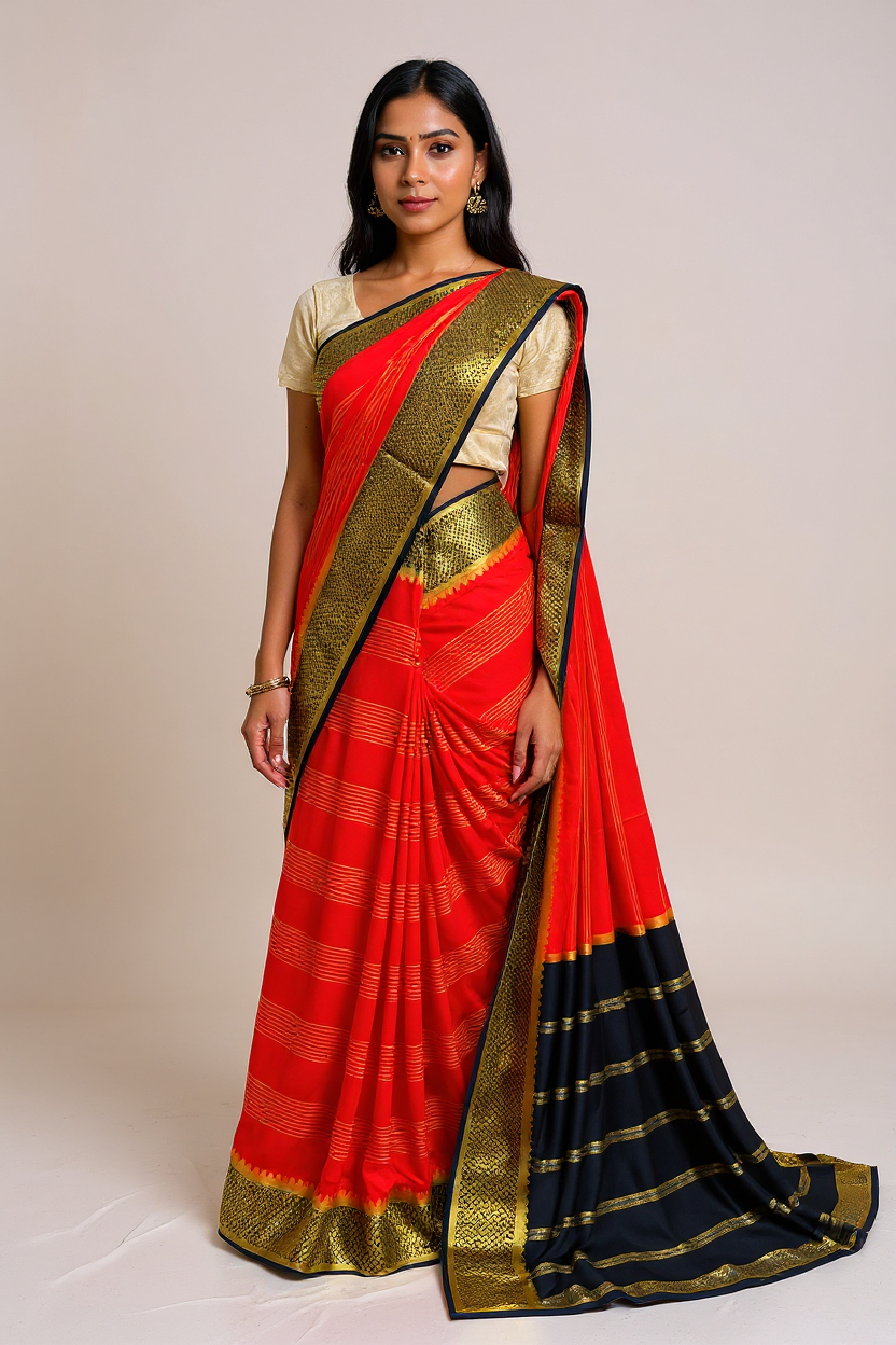 Red & Black Saree with Premium Golden Zari Border