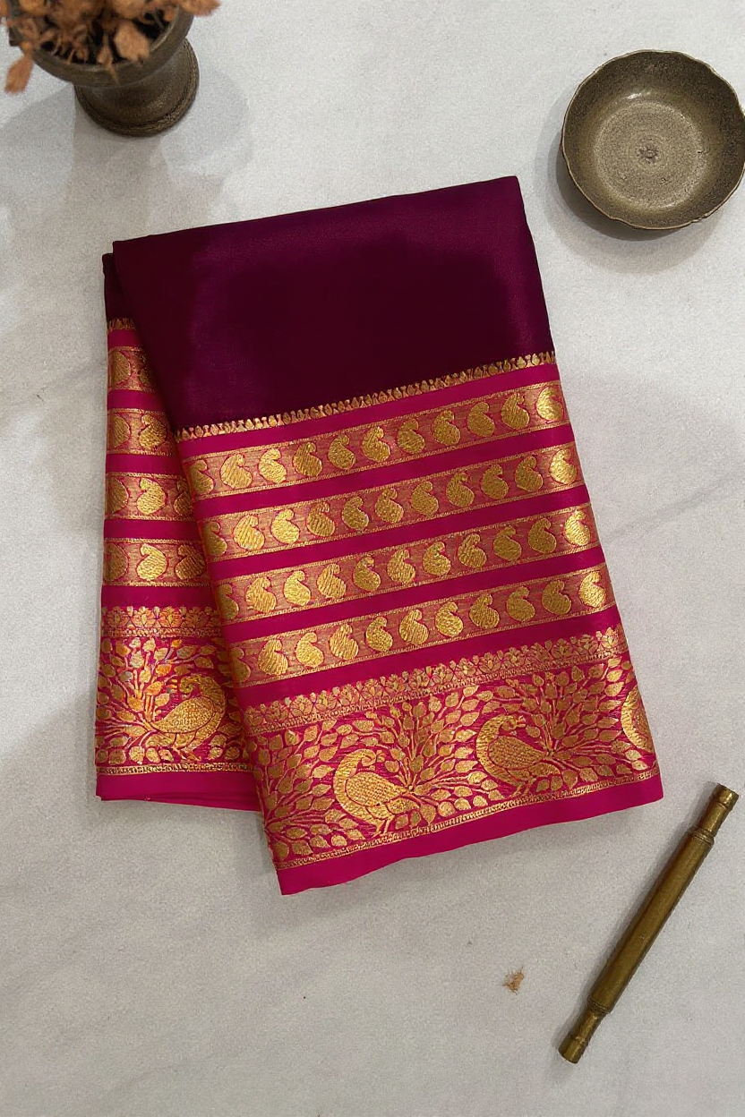 Elegant Maroon Crape Saree with Light Pink Border by Silk Studio