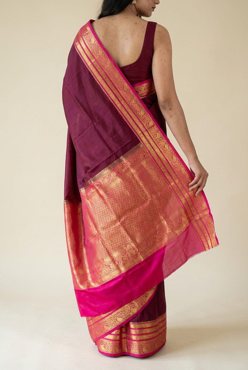 Elegant Maroon Crape Saree with Light Pink Border by Silk Studio